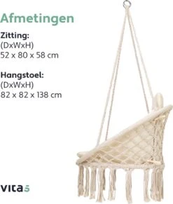 Vita5 Macramé Hangstoel - Voor Binnen En Buiten - Zonder Standaard - Incl. Kussen, Boekenvak En Beschermhoes - Tot 150kg - Beige -Tuingereedschaps Winkel 1020x1200