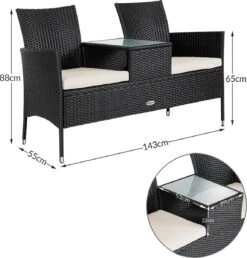 Casaria Polyrattan Tuinbank - Incl. Kussen - 143x55x88 Cm Zwart -Tuingereedschaps Winkel 1150x1200