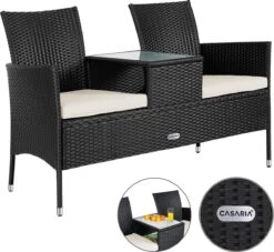 Casaria Polyrattan Tuinbank - Incl. Kussen - 143x55x88 Cm Zwart -Tuingereedschaps Winkel 1200x1101