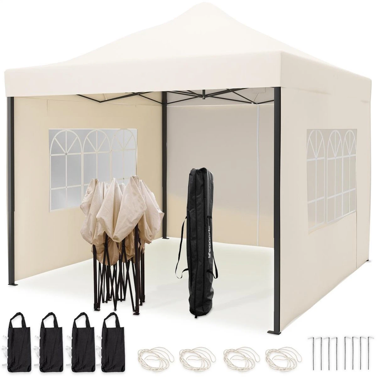 LifeGoods Partytent - 3x3 M - Zijwanden - Easy Up - Opvouwbaar - Waterdicht - Draagtas Met Wieltjes - Beige 1 LifeGoods Partytent - 3x3 M - Zijwanden - Easy Up - Opvouwbaar - Waterdicht - Draagtas Met Wieltjes - Beige