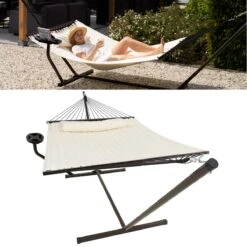 Vita5 Hangmat Met Standaard En Spreidstok – 2 Persoons – Incl. Bekerhouder - Afneembaar Kussen – Uv-bestendig – Beige