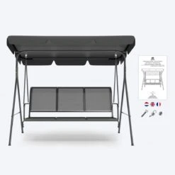 LifeGoods Schommelbank - 3-zits - Tot 250KG - Kantelbaar Dak - UV-bestendig Zonnescherm - 172x104x162cm - Grijs -Tuingereedschaps Winkel 1200x1200 220