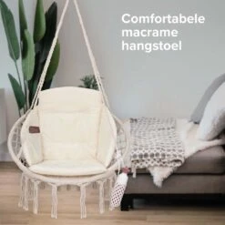 Vita5 Macramé Hangstoel - Voor Binnen En Buiten - Zonder Standaard - Incl. Kussen, Boekenvak En Beschermhoes - Tot 150kg - Beige -Tuingereedschaps Winkel 1200x1200 244