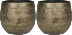 Set Van 2x Stuks Plantenpotten/bloempotten In Een Strakke Modern Design Look Metal Goud Dia 22 Cm En Hoogte 20 Cm
