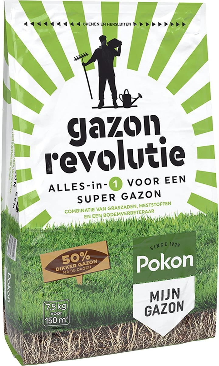 Pokon Gazon Revolutie - 7,5kg - Gazonmest / Graszaad / Bodemverbeteraar - Geschikt Voor 150m² - Binnen 15 Dagen Resultaat 1 Pokon Gazon Revolutie - 7,5kg - Gazonmest / Graszaad / Bodemverbeteraar - Geschikt Voor 150m² - Binnen 15 Dagen Resultaat